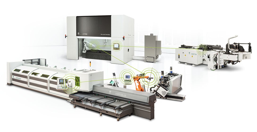  Workcell with tube bending machine, tube end-forming machine, and Lasertube